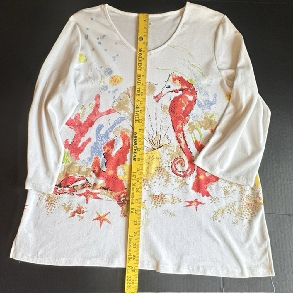 Alia V-Neck 2XL Blouse Shirt White w/Seahorse Sealife Coral Reef Ocean Casual - Picture 9 of 16